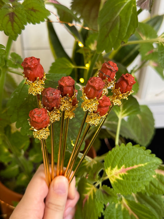 Red Jasper Rose Hairpin (gold)