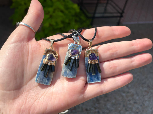 Blue Kyanite with Black Tourmaline and Amethyst Necklace