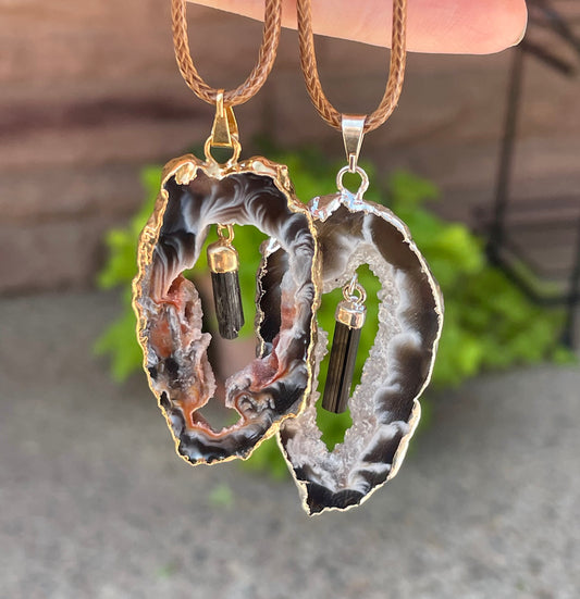 Agate Geode Window with Black Tourmaline Necklace